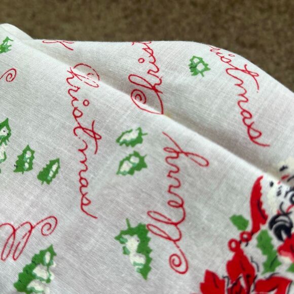 VTG 50s Christmas Hankie – Santa, Poinsettias, Trees – 13” Square - Picture 5 of 7